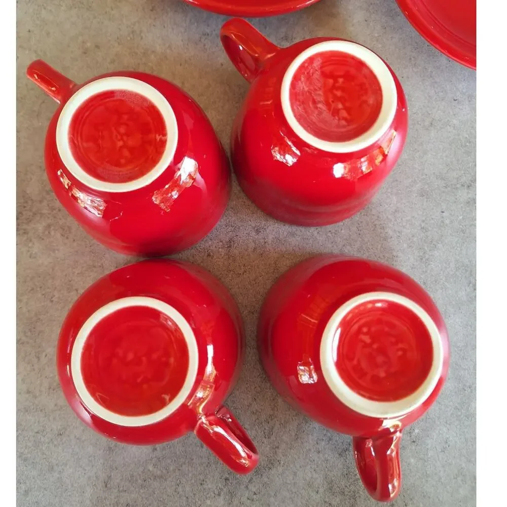 Fiestaware vintage Scarlet red teacup & saucer plate set lot 8 pieces glazed
